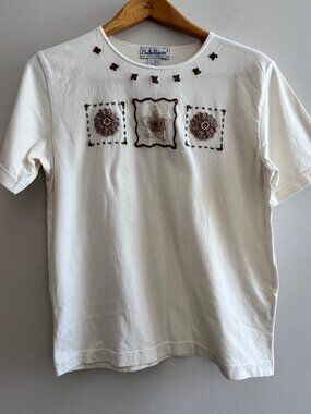 Bellepointe Embellished T-Shirt Womens S Beige Crocheted 90s